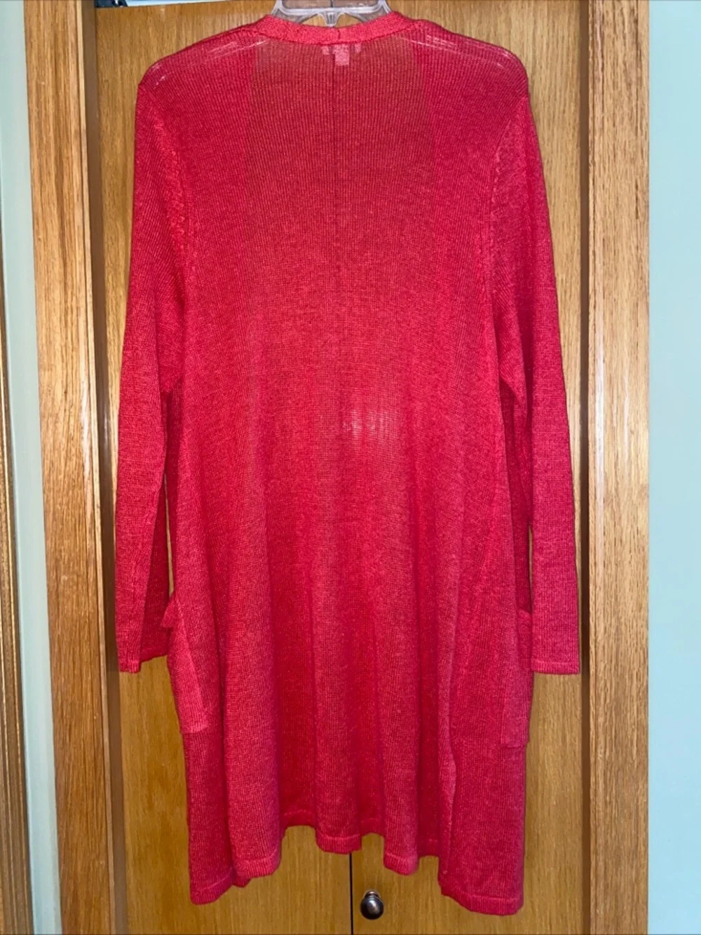 J. Jill Linen Blend Cardigan Sweater Womens L Coral Red Open Front Coastal Beach